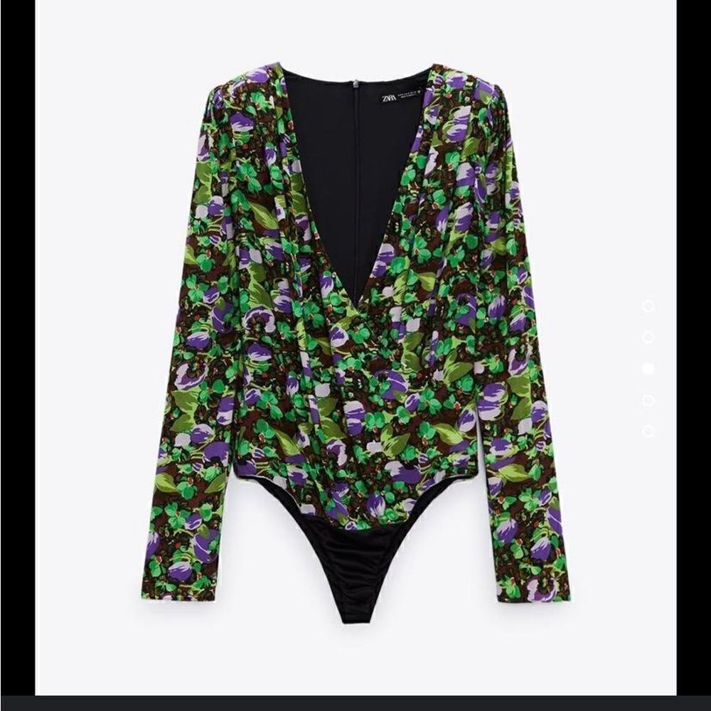 EUC Zara bodysuit green purple floral XS long sleeve plunge